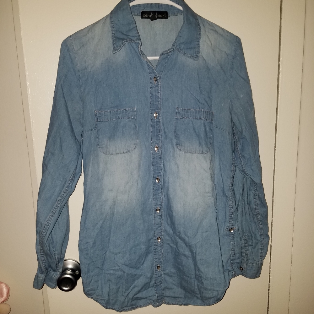 Long sleeve denim button down shirt.